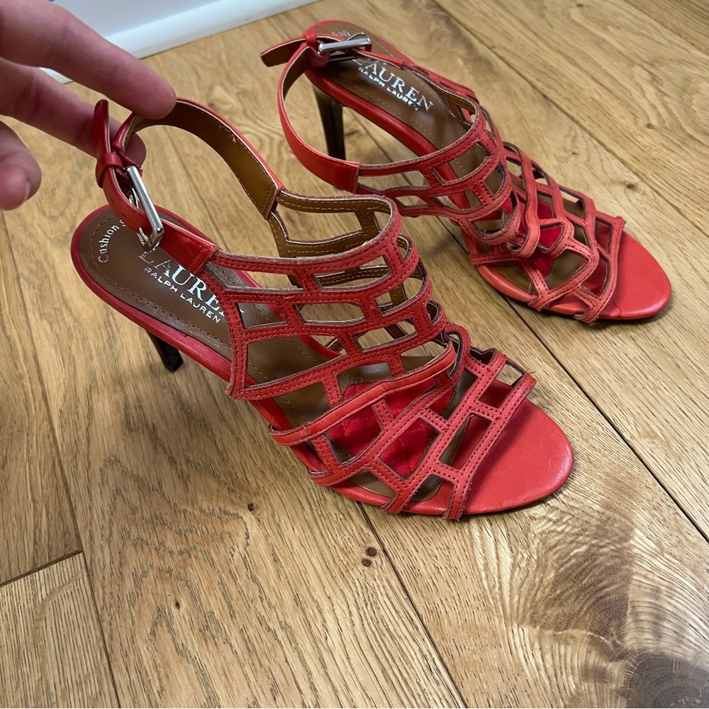 Ralph Lauren Sandra cushion soft sandals heels ankle strap buckle orange leather